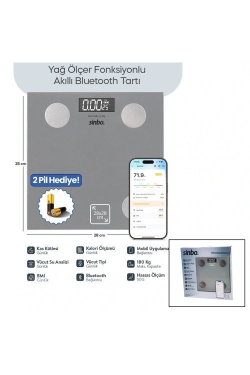 Sinbo Sbs-4469 ( Gri ) (yağ Ölçer) Akıllı (bluetooth) Cam Baskül (pilli) (180kg/50gr) (28x28cm) (8-kişi Hafıza) (lcd Ekran) (℃ Gösterge)*10