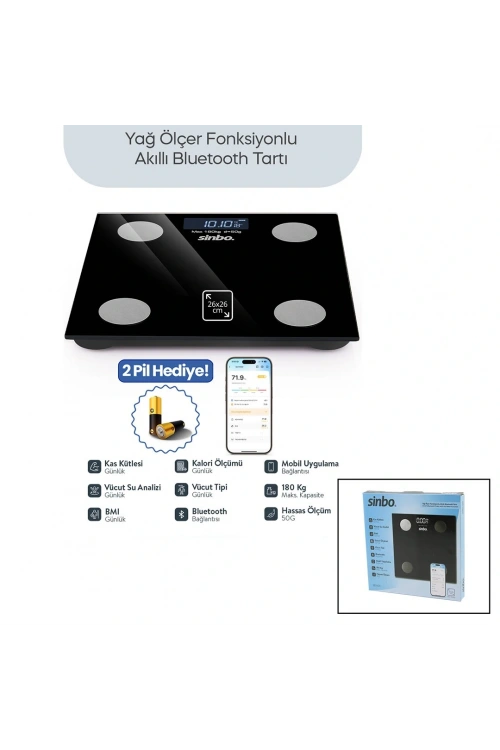 Sinbo Sbs-4470 ( Siyah ) (yağ Ölçer) Akıllı (bluetooth) Cam Baskül (pilli) (180kg/50gr) (26x26cm) (8-kişi Hafıza) (lcd Ekran) (℃ Gösterge)*10