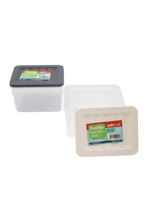 Softchef-00984 Fresh Box ( Derin & 1100ml ) Plastik Şeffaf Saklama Kabı ( Renkli Kapak )*24=k