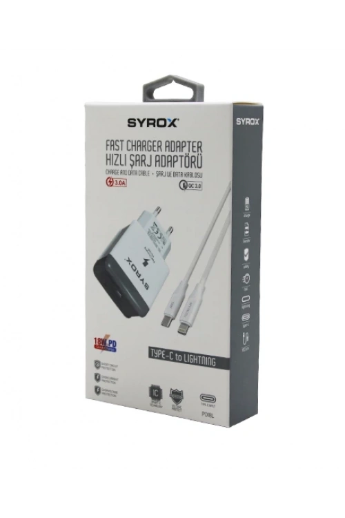 Syrox Pd18l ( İphone ) ( Type-c To Lıghtnıng ) ( Hızlı ) Ev Şarj Seti 3.0a 18w Pd*200