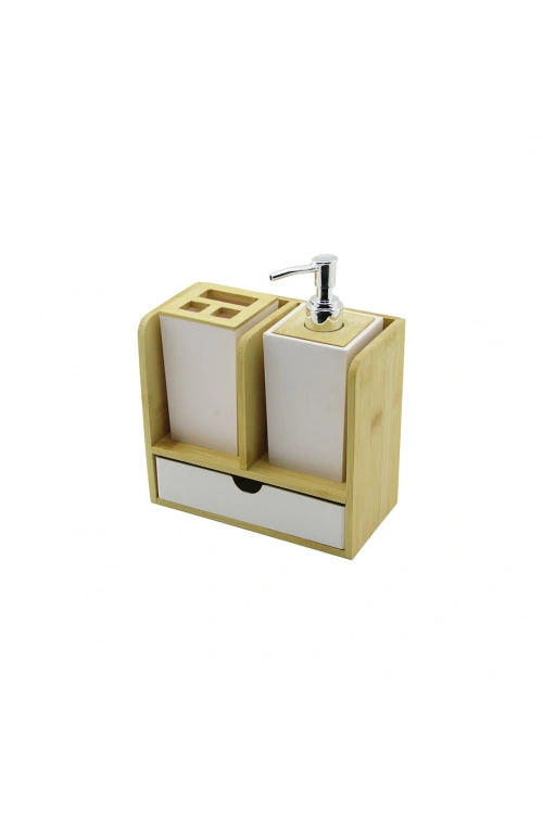 Urve Ur-3523 ( Çekmeceli & Diş Fırça Kutusu & Sabunluk ) Bambu Banyo Set ( Ahşap & Bambu Standlı )*8=k
