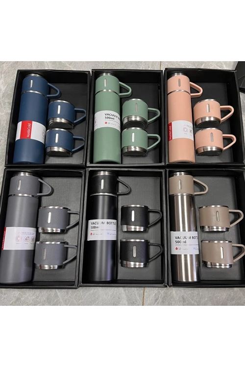 Vacuum Flask Set ( Çantalı ) ( 3pcs Bardaklı ) Renkli Çelik Termos Seti ( 500ml )*50