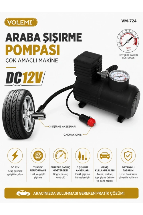 Volemi Çok Amaçlı Araç Lastik Şişirme Pompası ve Hava Kompresörü - 12V / 250 PSI