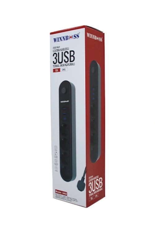 Wınboss-3402 Termal Akım Korumalı ( 4lü Priz ) ( 3xusb ) ( 2mt ) Anahtarlı Uzatma Kablo Siyah ( 10a & 2500w )*40