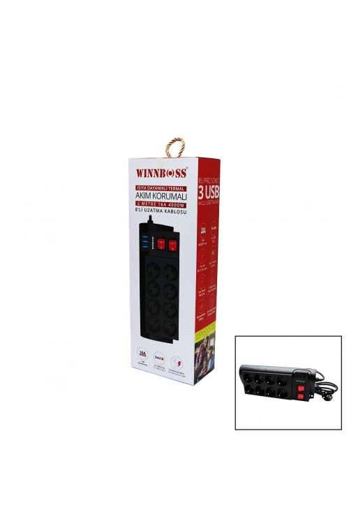 Wınboss-3411 Termal Akım Korumalı ( 16a ) ( 8li Priz ) ( 3xusb ) ( 2mt ) Anahtarlı Uzatma Kablo Siyah*30