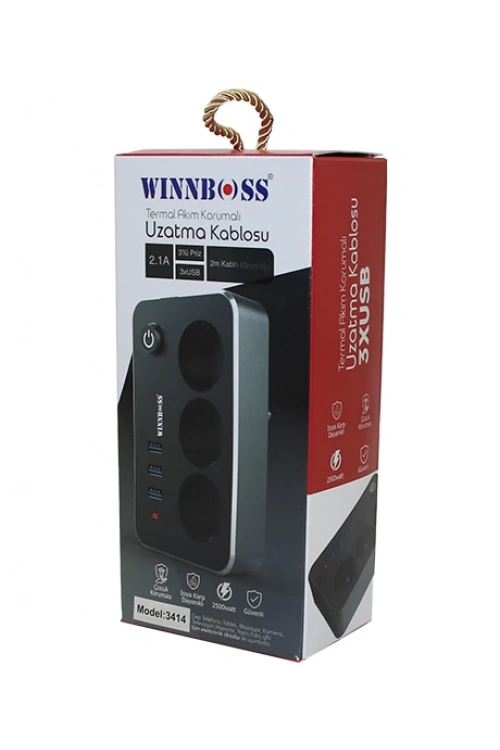 Wınboss-3414 Termal Akım Korumalı ( 2.1a ) ( 3lü Priz ) ( 3xusb ) ( 2mt ) Anahtarlı Uzatma Kablo Siyah*30