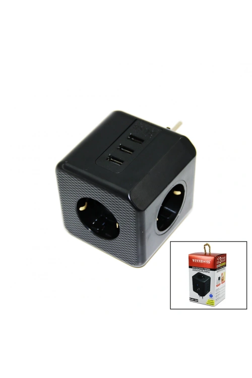 Wınboss-3440 Termal Akım Korumalı ( 3x Priz ) ( 3x Usb ) Duvar Tipi Priz Siyah ( 10a & 2500w )*52