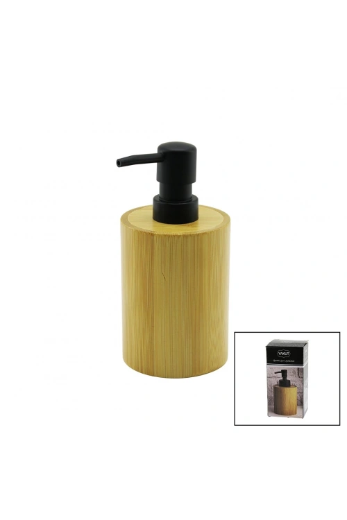 Yakut-12909 ( Yuvarlak ) Ahşap Bambu Sıvı Sabunluk ( Siyah Plastik Pompa ) ( Çap: 8cm & Y: 11cm )*48