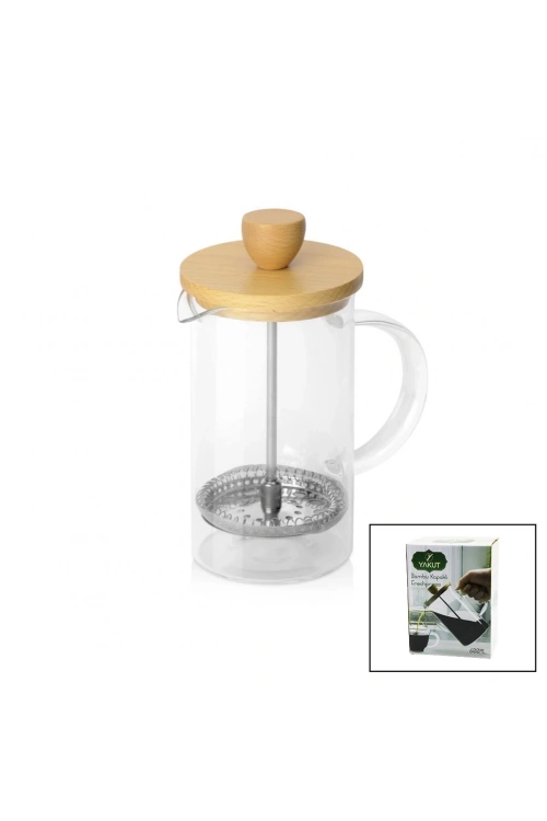 Yakut-9585 French Press ( 600ml ) ( Bambu Kapaklı ) ( Cam ) Bitki Süzgeçi*24