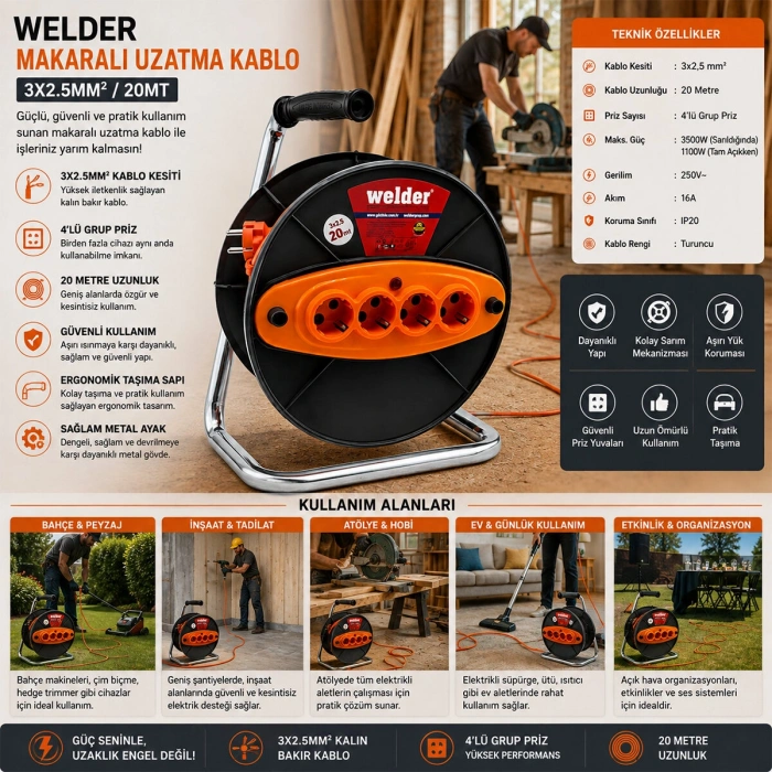 Egonex Cca Ct Welder ( 3x2.5mm ) ( 20mt ) Makaralı Uzatma Kablo*4
