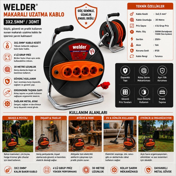Egonex Cca Ct Welder ( 3x2.5mm ) ( 30mt ) Makaralı Uzatma Kablo*4