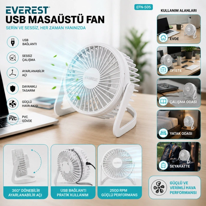 Egonex Everest Efn-505 ( Usb Şarjlı & Pvc Gövde ) ( 14.5x14.1cm ) Masa Üstü Fan & Vantilatör*30