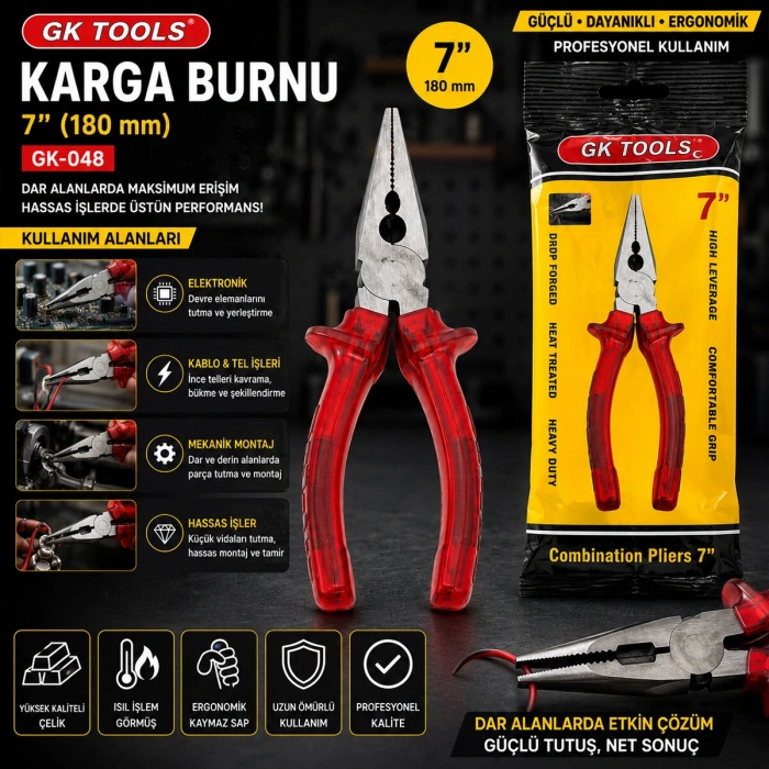 Egonex Gk Tools ( Kırmızı & Şeffaf ) ( 7 ) ( Saplı ) Kargaburnu ( 180mm) *6x20