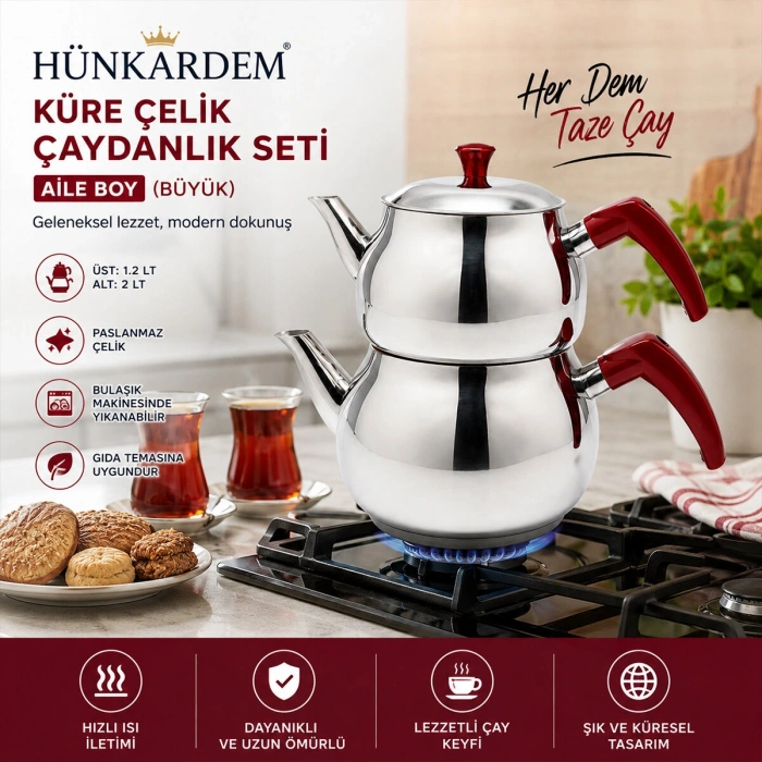 Egonex Hünkardem  ( Aile ) ( Büyük ) Boy Küre Çelik Çaydanlık Seti ( Üst: 1.2lt & Alt: 2lt )*8