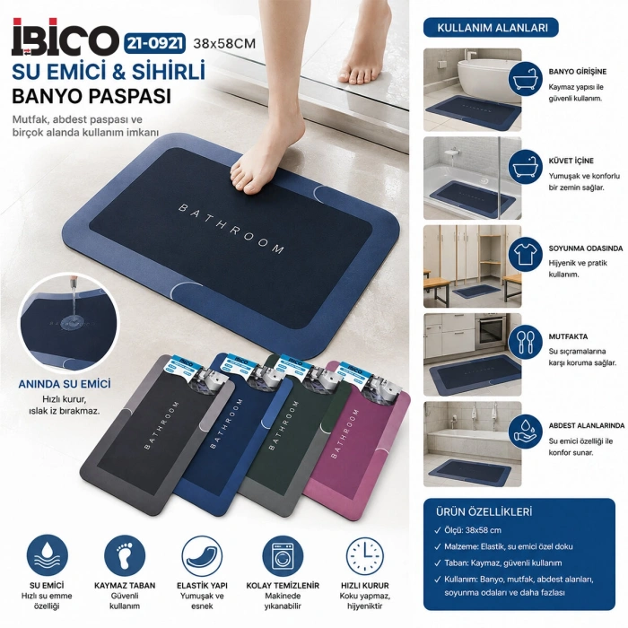 Egonex İbico İ21-006 ( Dikdörtgen ) ( 38x58cm ) ( Su Emici & Sihirli ) Banyo Paspası ( Elastik )*100