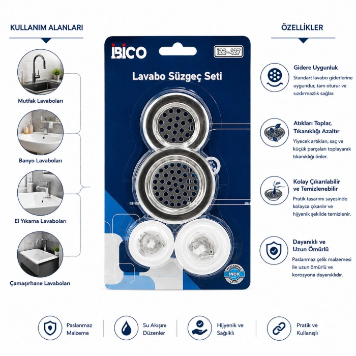 Egonex İbico İ22-427 ( 4pcs ) Lavabo Süzgeç & Tıpa Seti ( 2 Boy Süzgeç & 2 Boy Plastik Tıpa )*12x25