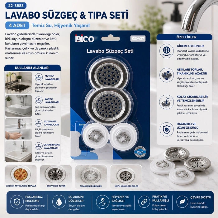 Egonex İbico İ22-427 ( 4pcs ) Lavabo Süzgeç & Tıpa Seti ( 2 Boy Süzgeç & 2 Boy Plastik Tıpa )*12x25