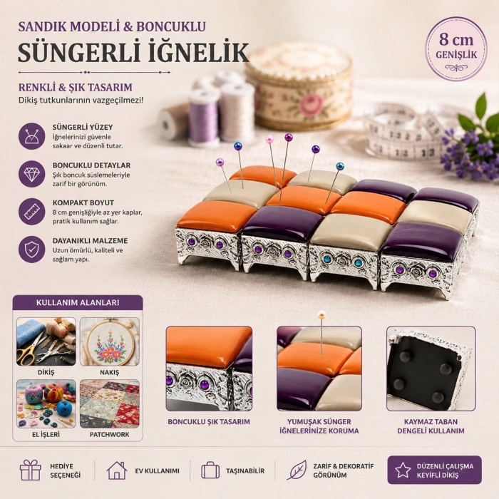 Egonex Krt-1048 ( Sandık Modeli & Boncuklu ) Renkli Süngerli İğnelik*12x1