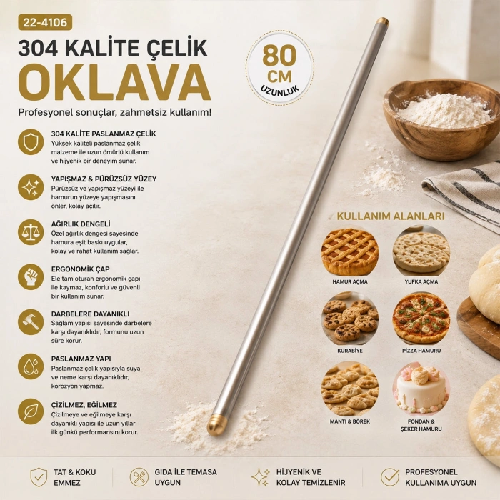 Egonex Krt-1143 Solingen-304 ( 80cm ) ( Çelik ) Lux Metal Oklava*6x1