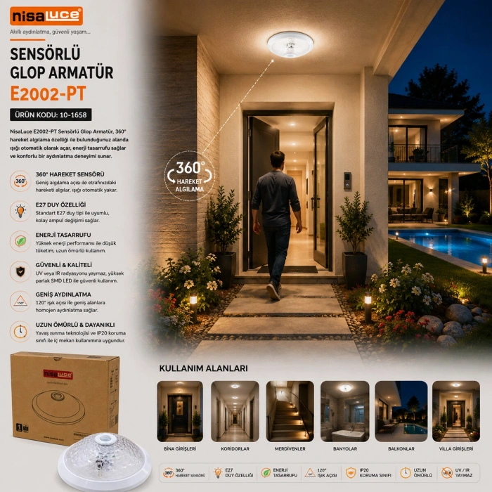 Egonex Nisaluce E2002-pt ( Sensörlü ) ( Beyaz )  Glop Armatür Kafesi ( E27) ( Plastik ) (ıp20) (220w)*20