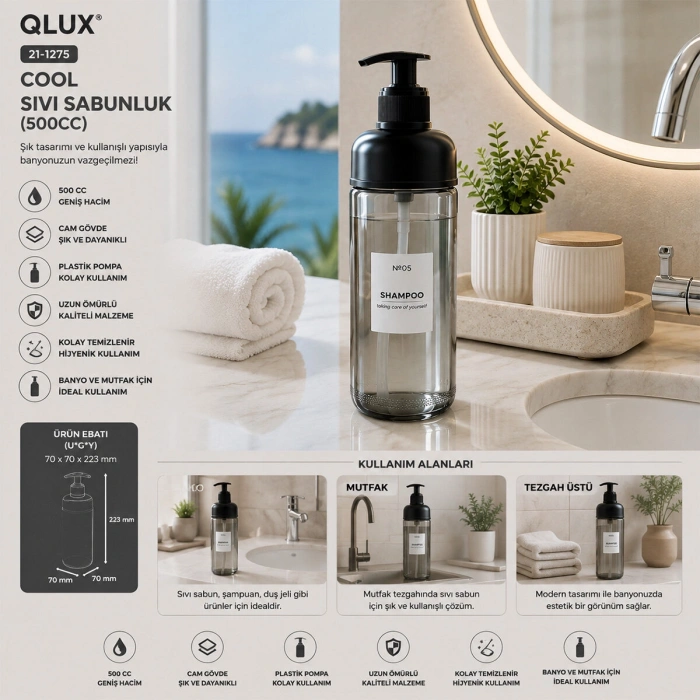 Egonex Qlux C-00569 No-05 Cool Sıvı Sabunluk Cam ( 500cc )*20=k