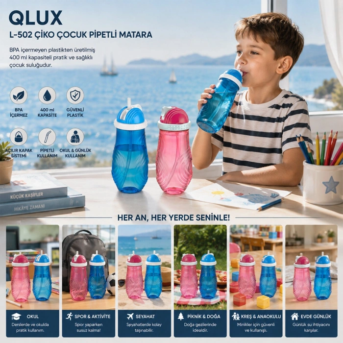 Egonex Qlux L-00502 Çiko Çocuk Pipetli Plastik Matara Renkli*24=k