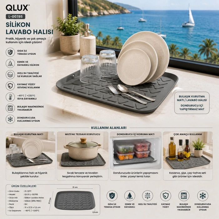 Egonex Qlux L-00785 Silikon Bulaşık & Lavabo Kurutma Matı & Halısı*30
