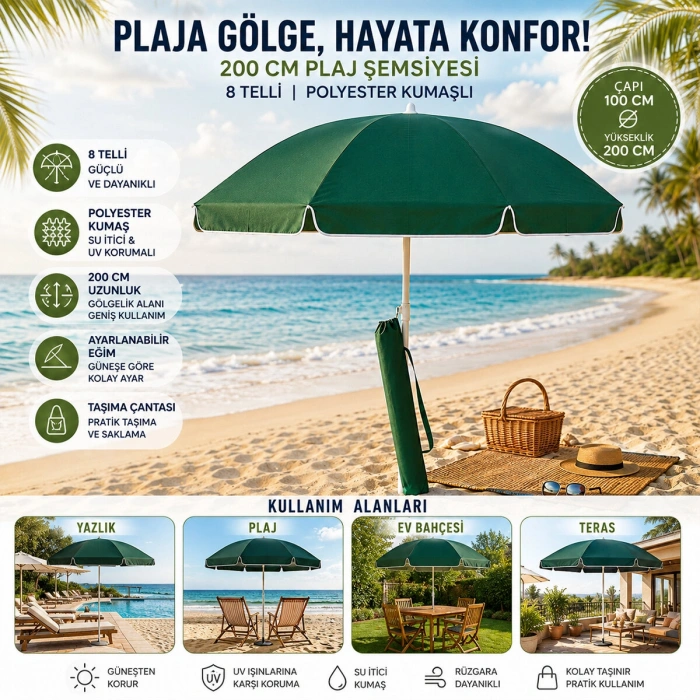 Egonex Skybelt Sky-112 ( 200cm Saplı ) ( Çap:100*100cm ) ( Düz - Tek Renk ) Plaj Şemsiyesi ( Omuz Askı Çantalı ) ( 8 Telli & Fıberglass ) ( Polyester Kumaş )*12=k