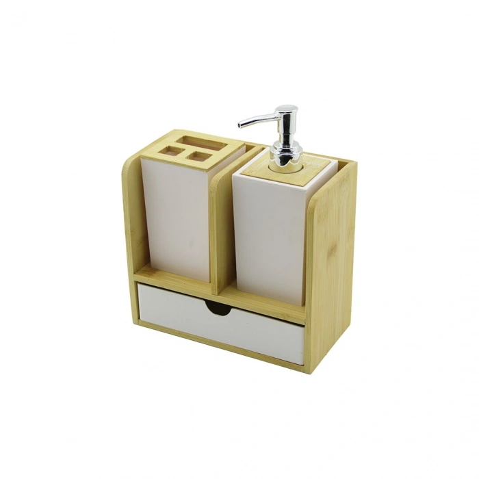 Egonex Urve Ur-3523 ( Çekmeceli & Diş Fırça Kutusu & Sabunluk ) Bambu Banyo Set ( Ahşap & Bambu Standlı )*8=k