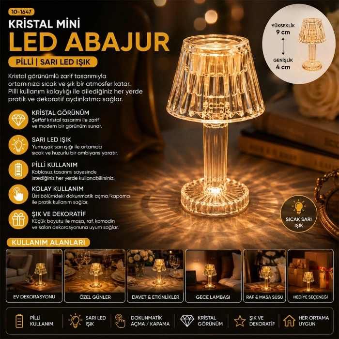 Egonex Yakut-9878  Kristal Damlalı Mumluk & Masa Lamba Abajur Mini Pilli*24x20