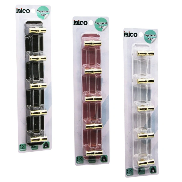Egonex İbico İ17-013 ( 5 Kollu= Gold & ( T= Ꟶ ) Yapışkanlı Pls. Askı ( Mika Kristal Şeffaf Renkli Taban ) ( 5kg.taşıma )*12x10
