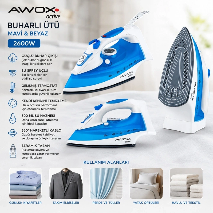 Egonex Awox Active ( Mavi & Beyaz ) Buharlı Ütü ( Seramik Taban & 360° Hareketli Kablo & Buhar Ayarlama) (2600w)*6