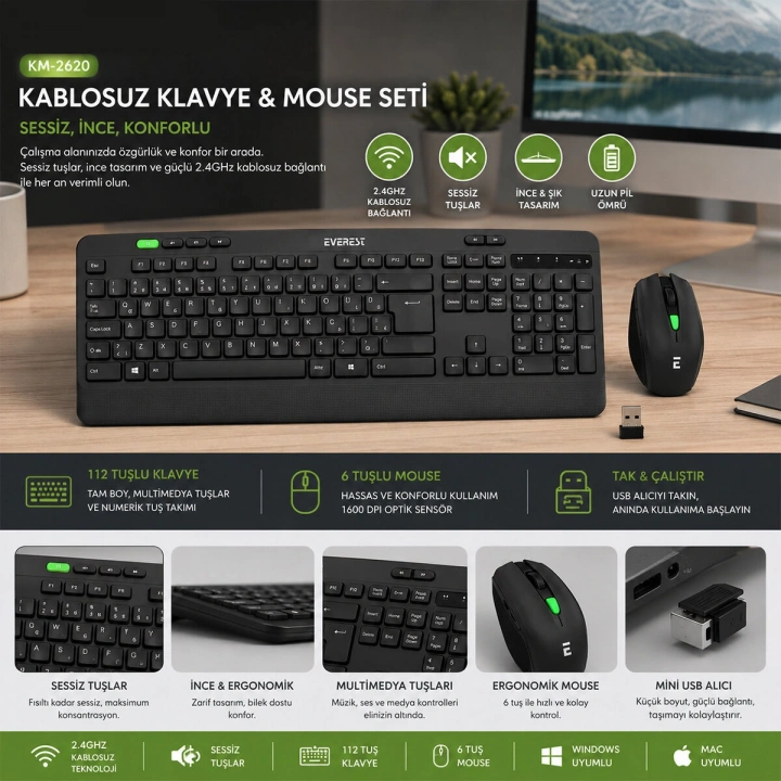 Egonex Everest Km-2620 ( Kablosuz ) Klavye & Mouse Seti ( Siyah ) ( Usb & Sessiz & Switch ) ( Q Klavye )*20