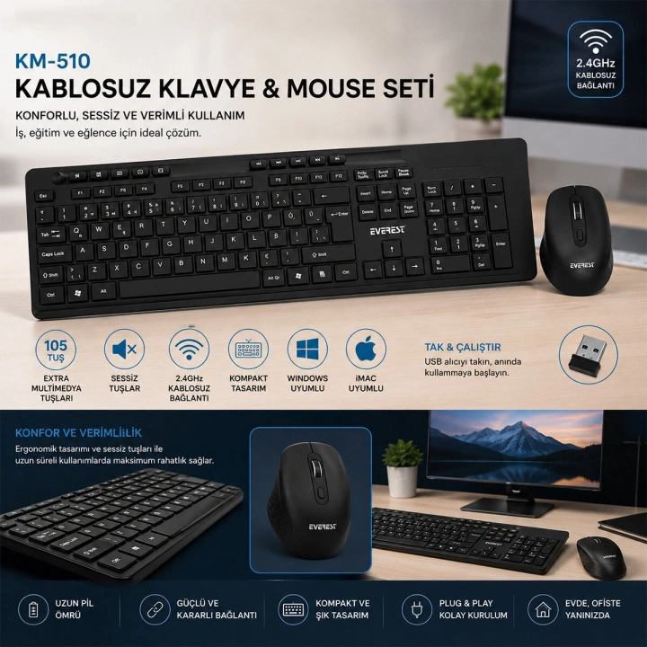 Egonex Everest Km-510 ( Kablosuz ) Multimedia Klavye & Mouse Seti ( Siyah ) ( Q Klavye )*10