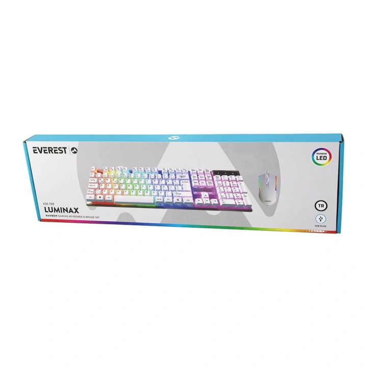 Egonex Everest Lumınax Km-198 ( Beyaz Gökkuşağı Işıklı ) ( Usb Kablolu ) Oyuncu Klavye & Mouse Set*20