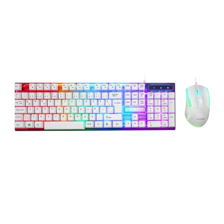 Egonex Everest Lumınax Km-198 ( Beyaz Gökkuşağı Işıklı ) ( Usb Kablolu ) Oyuncu Klavye & Mouse Set*20