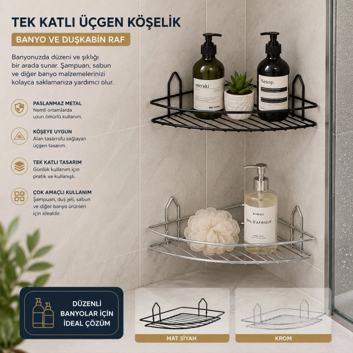 Egonex Krt-1148 Eko-01 ( Tek Katlı & Üçgen ) ( Krom ) ( Metal ) Banyo Köşelik & Duşkabin Raf*50