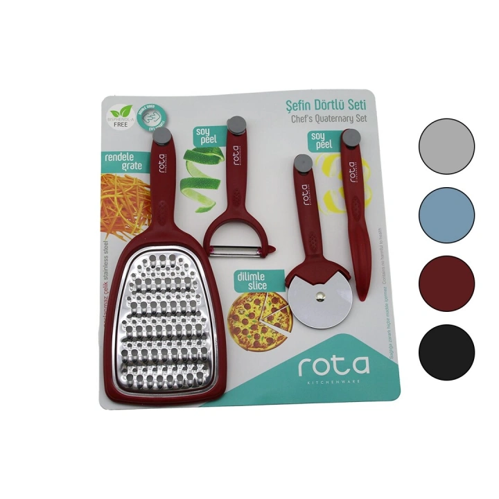 Egonex Rota Rt-326 ( Şefin 4lü Seti ) (1-çift Taraflı Rende & 1-pizza Ruleti & 1-sapan Soyacak & 1-kalem Soyacak )(renkli Pls.saplı)*24=k