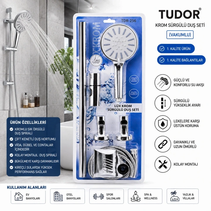 Egonex Tudor Tdr-256 ( Vakumlu & Krom ) Lux Sürgülü Duş Seti*25