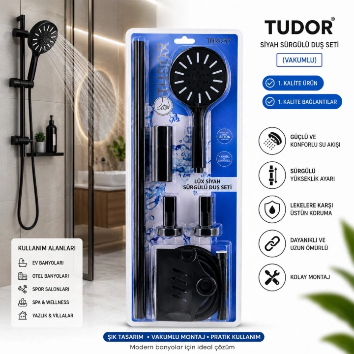 Egonex Tudor Tdr-257 ( Vakumlu & Siyah ) Lüx Sürgülü Duş Seti*25