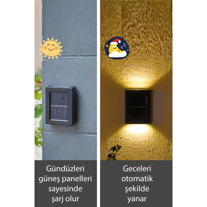 Solar Çift Taraflı Duvar Lambası Güneş Enerjili Aydınlatma Dekorasyon Aplik Işık 2 Li