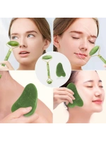 Egonex Yeşil doğal yeşim taşı yüz masaj aleti ve kalp gua sha yüz bakım taşı 2li set jade face roller