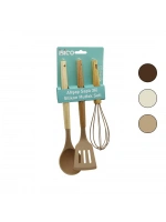 Egonex İbico İ22-008 ( 3pcs ) ( Renkli Silikon ) Mutfak Seti ( Ahşap & Bambu Saplı ) ( Çırpıcı  & Kepçe  & Spatula ) ( 25-30cm )*12x6