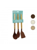 Egonex İbico İ22-009 ( 3pcs ) ( Renkli Silikon ) ( Ahşap & Bambu Saplı ) Mutfak Seti ( Kepçe & Kaşık & Spatula ) ( 30cm )*12x6