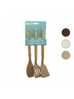 Egonex İbico İ22-010 ( 3pcs ) ( Renkli Silikon ) ( Spatula ) Mutfak Seti ( Ahşap & Bambu Saplı ) ( Klasik & Yan & Delikli Spatula) (30cm)*12x6