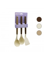 Egonex İbico İ22-013 ( 3pcs ) ( Renkli Silikon ) ( Ahşap Akasya Saplı ) Mutfak Seti ( Kepçe & Kaşık & Spatula ) ( 30cm )*12x6