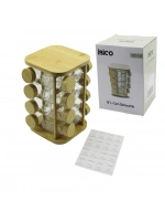 Egonex İbico İ22-131 ( 16pcs ) ( Kare & Döner Standlı ) ( Cam ) ( Bambu Kapak ) Tuzluk & Baharatlık Seti ( Bambu Stand= 17x17cm & Y: 26.5cm )*8