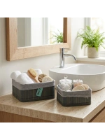 Egonex İbico İ22-332 ( Gri ) ( 2 Boy ) ( Kare ) ( Bambu Kenar ) Organizer Sepet ( Ahşap Altlık & Bezli ) ( 18x21cm )*36