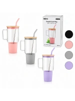 Egonex İbico İ22-349 ( Cam ) ( 1000ml ) Matara & Suluk ( Bambu Kapak & Sızdırmaz Silikonlu ) ( Çelik Pipet ) ( Koruyucu Silikon Altlık & Kılıf )*24