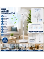 Egonex Sinbo Sf-6789 ( Beyaz ) ( 5 Pervane & 16 ) ( Ev & Ofis ) ( Kompakt & Sessiz & Üç Kademe) ( 140cm Yükseklik ) Ayaklı Vantilatör*1